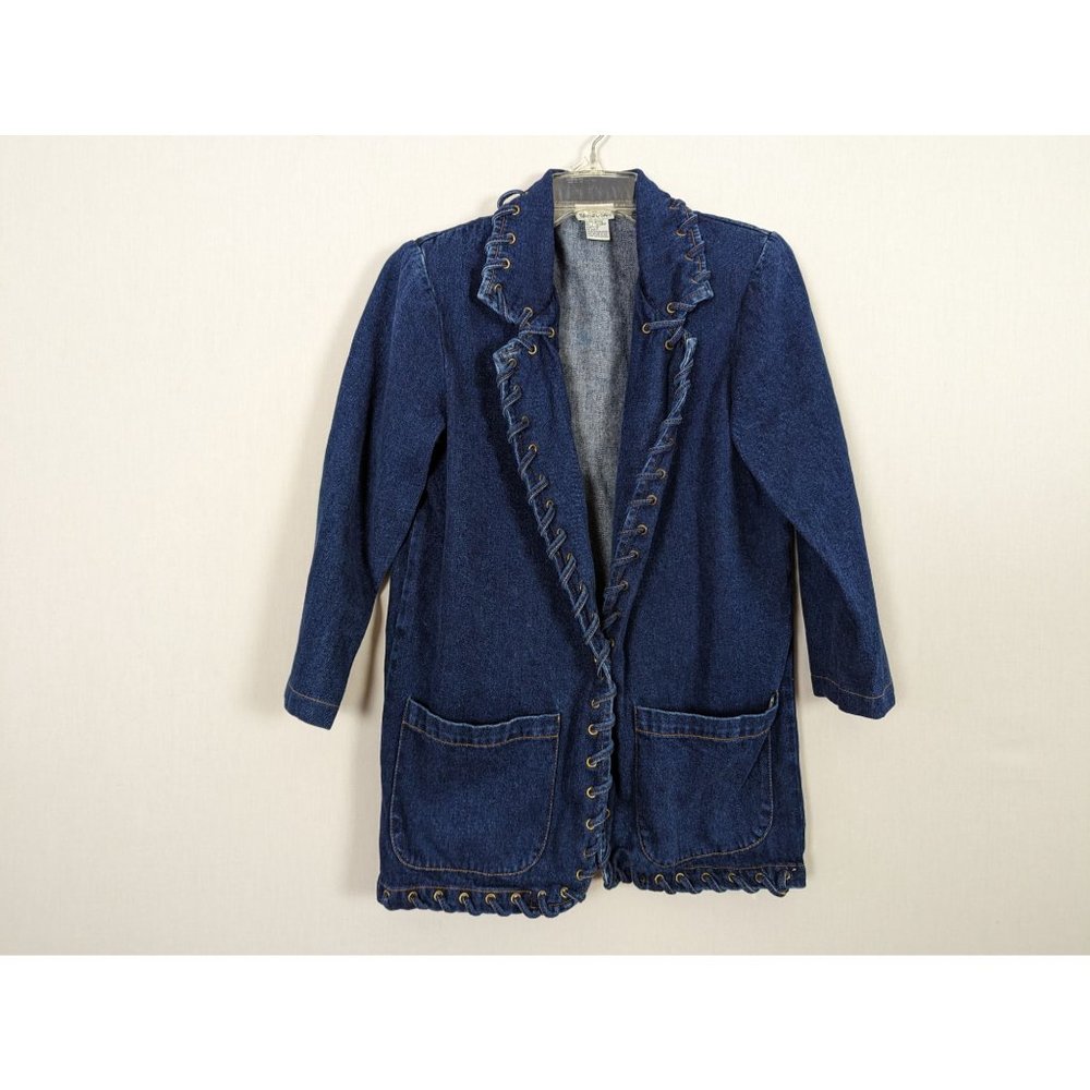 Newport News long sleeve denim laced trim pockets dark denim blazer jacket S